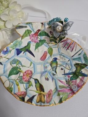 Hand Gilded Upcycled Jewelry Art Decoupage Shell Trinket Dish - Birds & Blooms